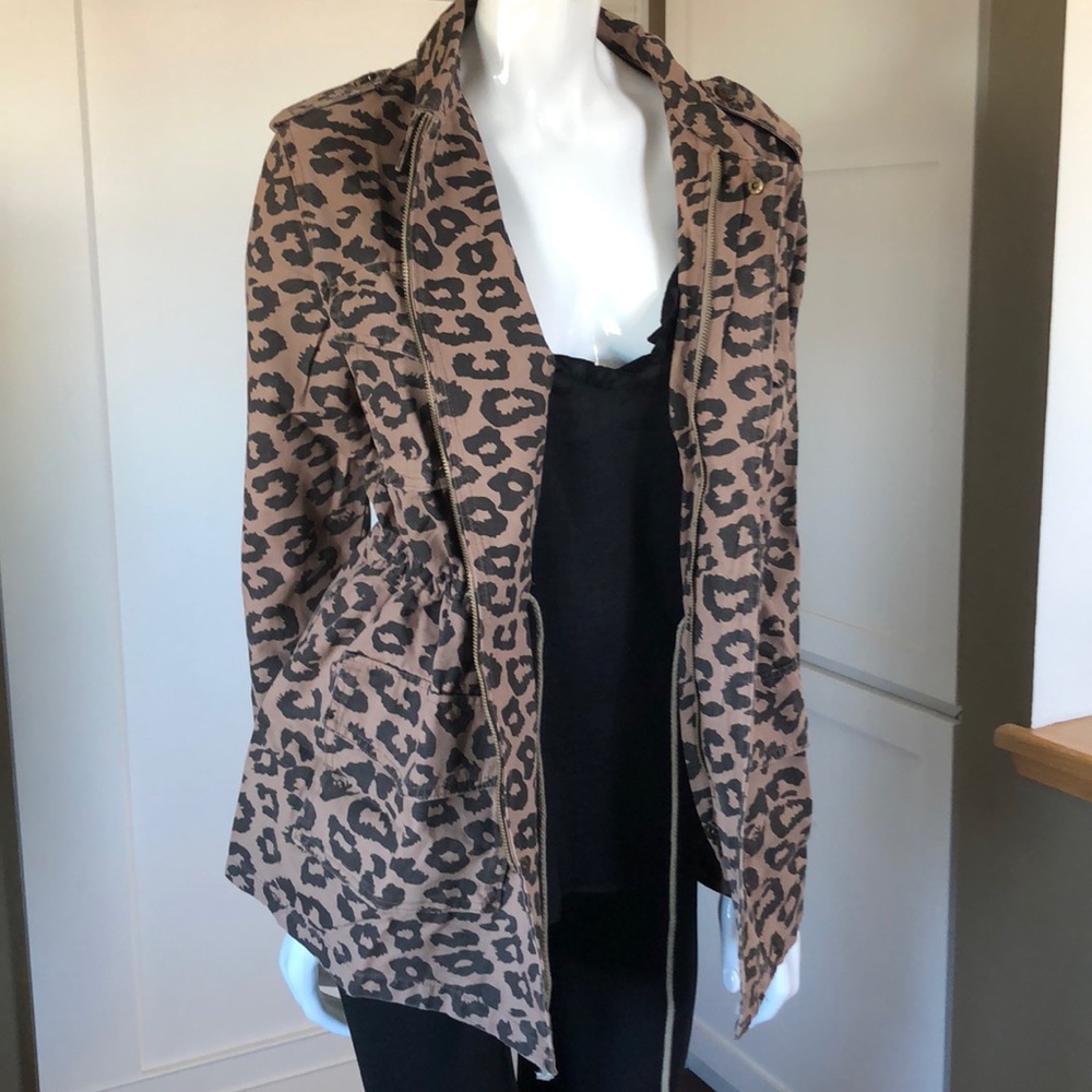 Leopard print woven cargo utility safari jacket